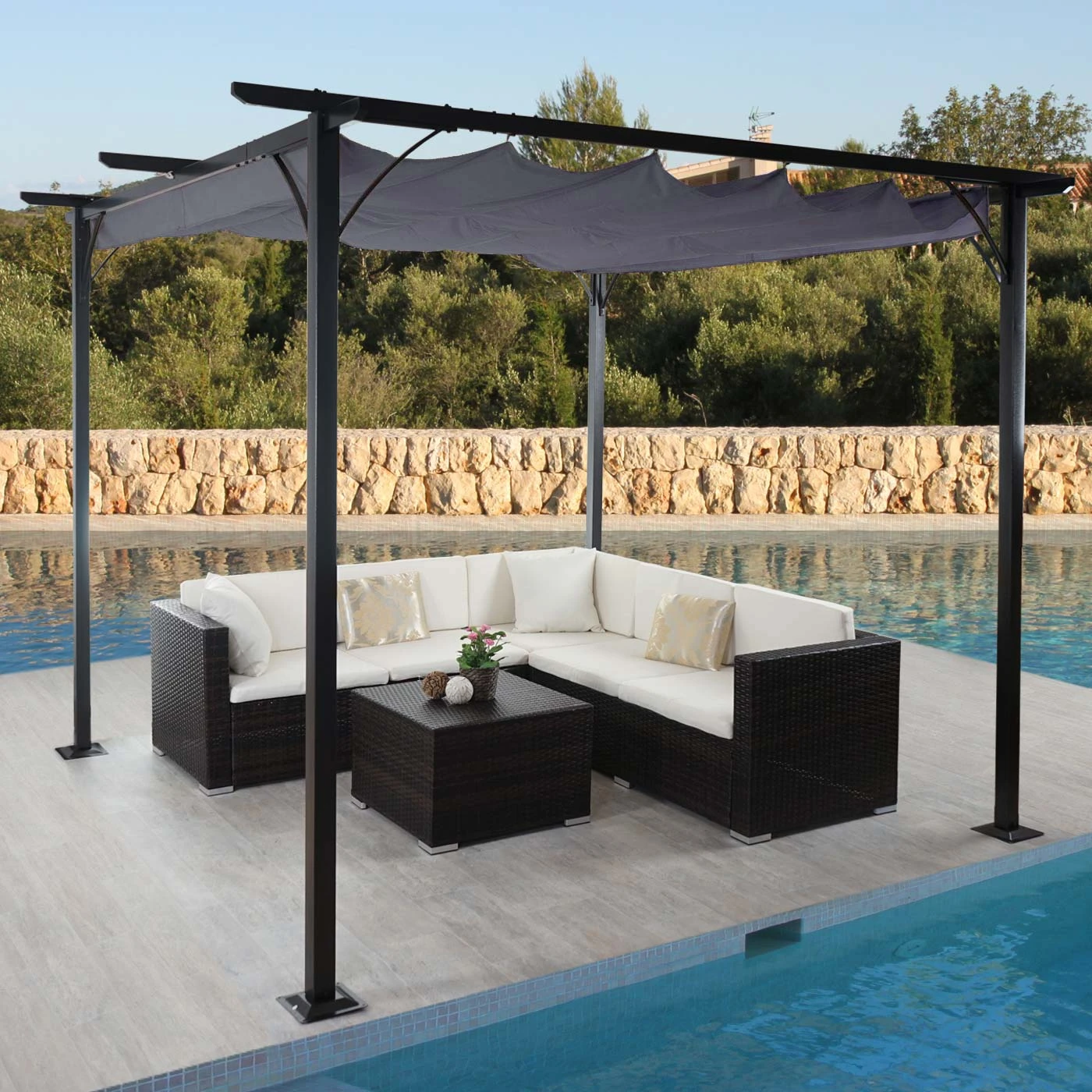 Pergola MCW-C42, Garten Pavillon, Stabiles 6cm-Gestell + Schiebedach ~ 3x3m Grau 1 Pergola MCW-C42, Garten Pavillon, Stabiles 6cm-Gestell + Schiebedach ~ 3x3m Grau
