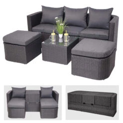 3in1-Garnitur MCW-J37, Garten-/Lounge-Set Sonneninsel, Spun Poly Halbrundes Poly-Rattan ~ Anthrazit, Kissen Dunkelgrau