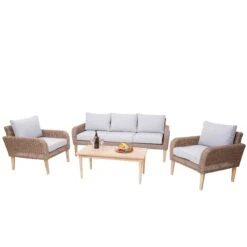 Garnitur MCW-H57, Garten-/Lounge-Set Sofa Sitzgruppe, Rundes Poly-Rattan Alu + Akazie Spun Poly FSC ~ Kissen Hellgrau