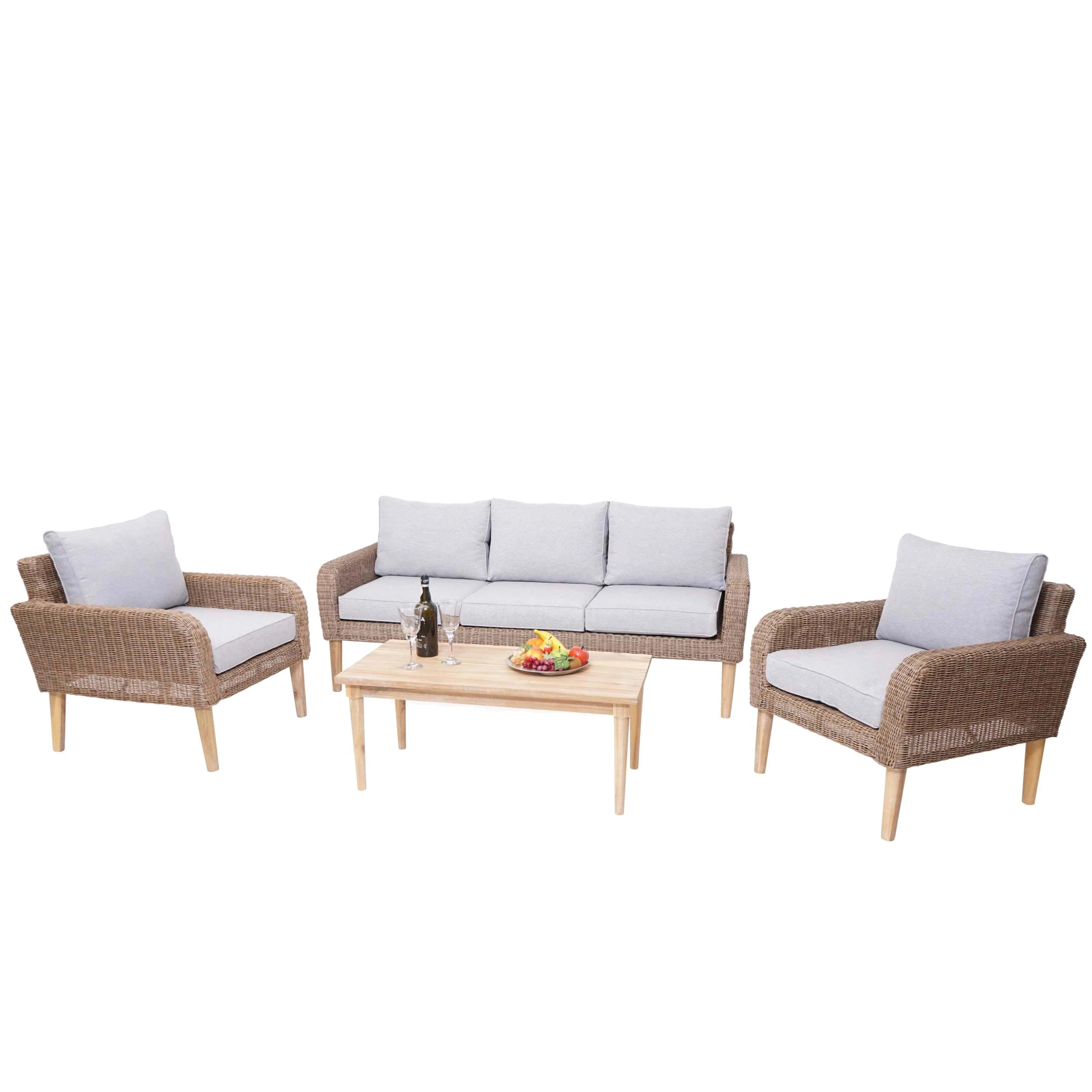 Garnitur MCW-H57, Garten-/Lounge-Set Sofa Sitzgruppe, Rundes Poly-Rattan Alu + Akazie Spun Poly FSC ~ Kissen Hellgrau 1 Garnitur MCW-H57, Garten-/Lounge-Set Sofa Sitzgruppe, Rundes Poly-Rattan Alu + Akazie Spun Poly FSC ~ Kissen Hellgrau