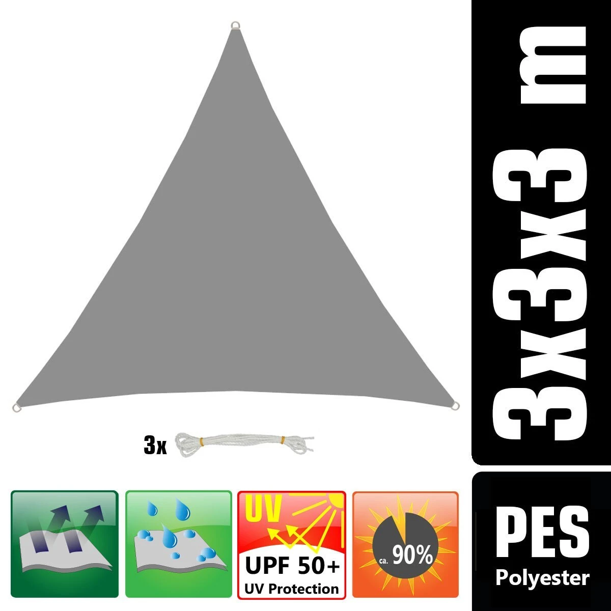 UPF50+ UV Sonnensegel 3x3x3 Polyester Dreieck Wasserabweisend Garten Segel Grau 2 UPF50+ UV Sonnensegel 3x3x3 Polyester Dreieck Wasserabweisend Garten Segel Grau – Bild 2