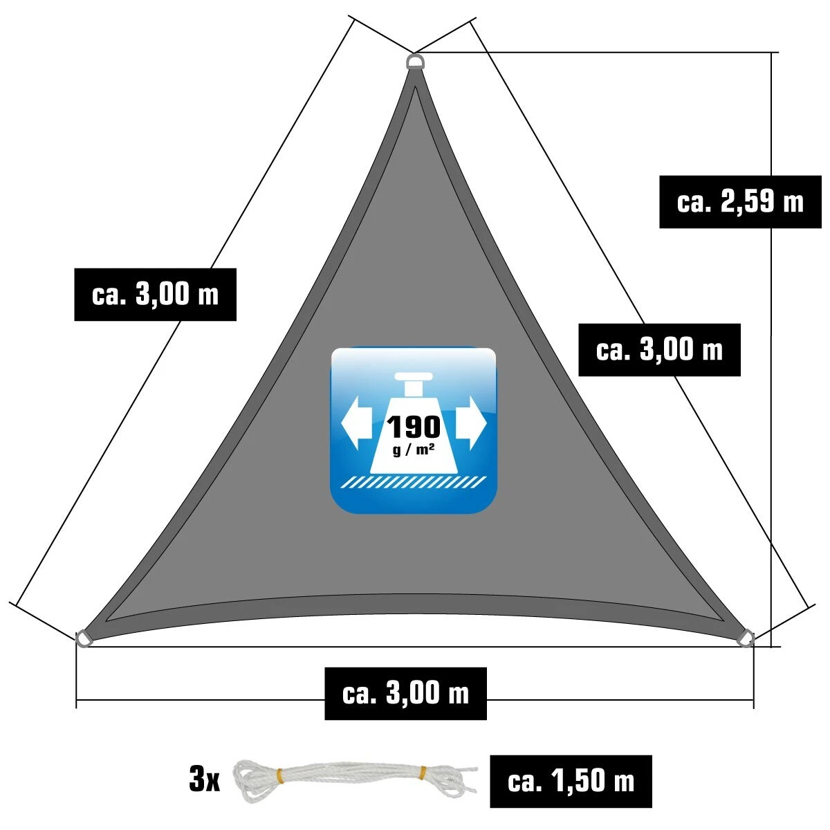 UPF50+ UV Sonnensegel 3x3x3 Polyester Dreieck Wasserabweisend Garten Segel Grau 3 UPF50+ UV Sonnensegel 3x3x3 Polyester Dreieck Wasserabweisend Garten Segel Grau – Bild 3