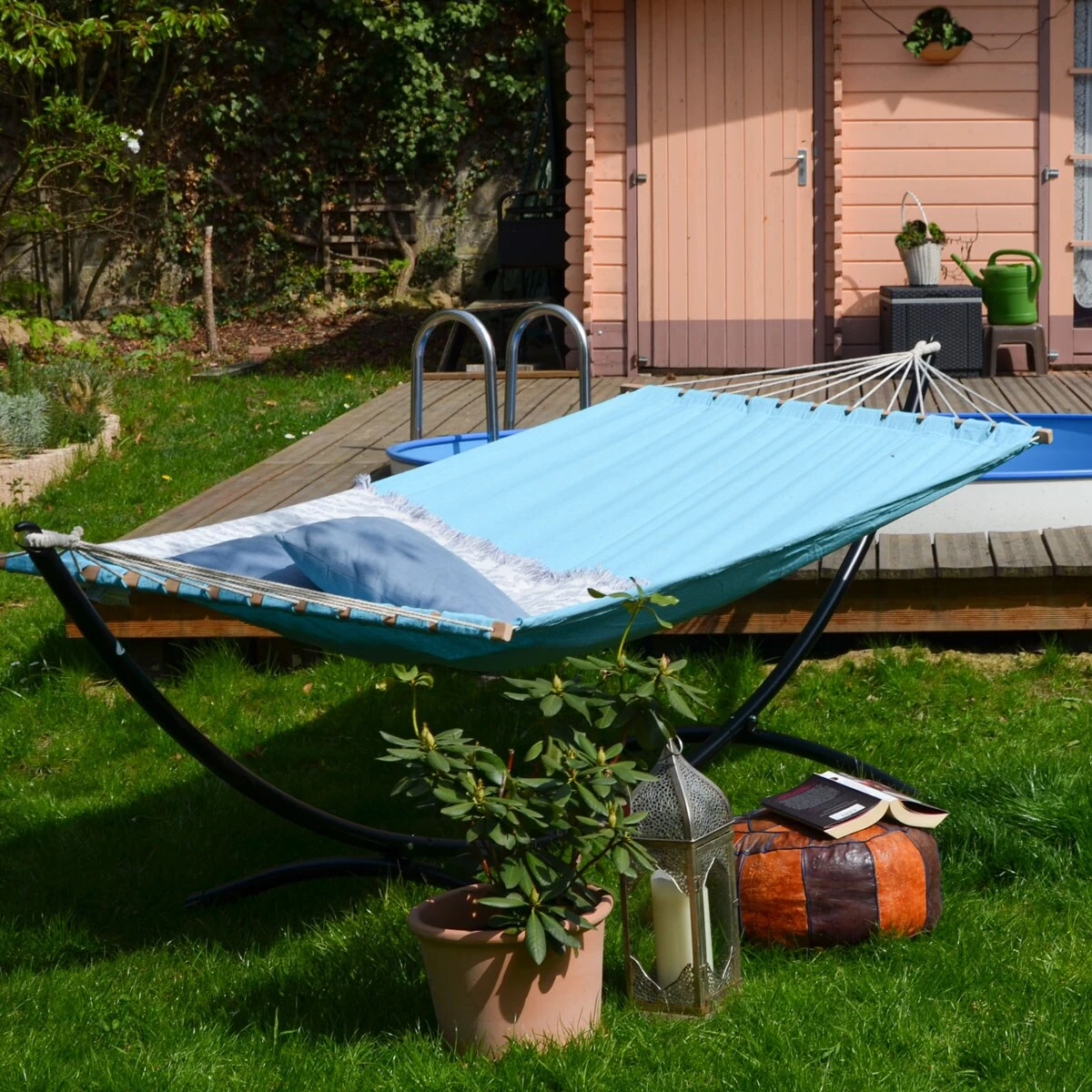 XXL Stabhängematte 200x120 Doppelhängematte 2 Personen Garten Hängematte Blau – Bild 4