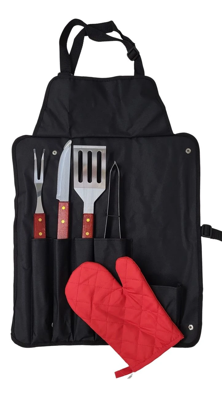 Grillbesteck-Set Edelstahl Mit Schürze Gabel Messer Wender Zange Handschuh – Bild 4