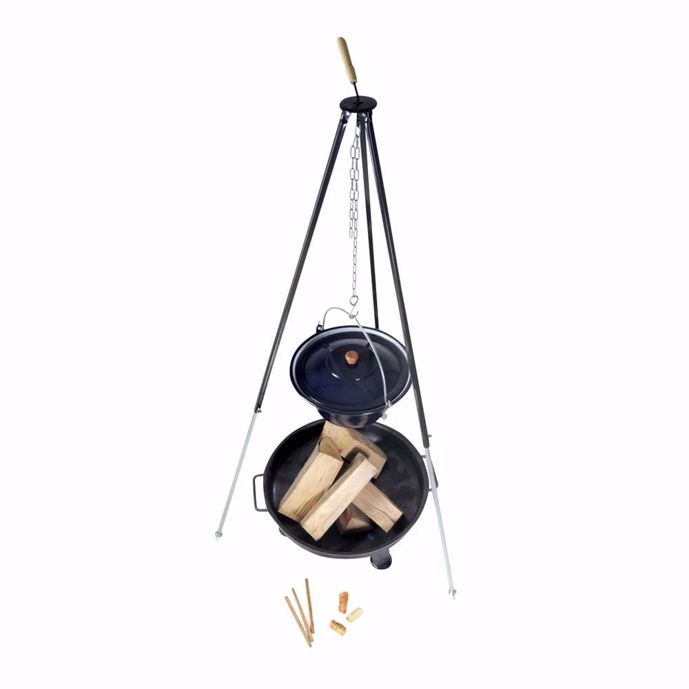 Acerto® Gulaschkessel 14L + Dreibein-Gestell (180cm) + Feuerschale (55cm) + Kaminholz Buche 1 Acerto® Gulaschkessel 14L + Dreibein-Gestell (180cm) + Feuerschale (55cm) + Kaminholz Buche