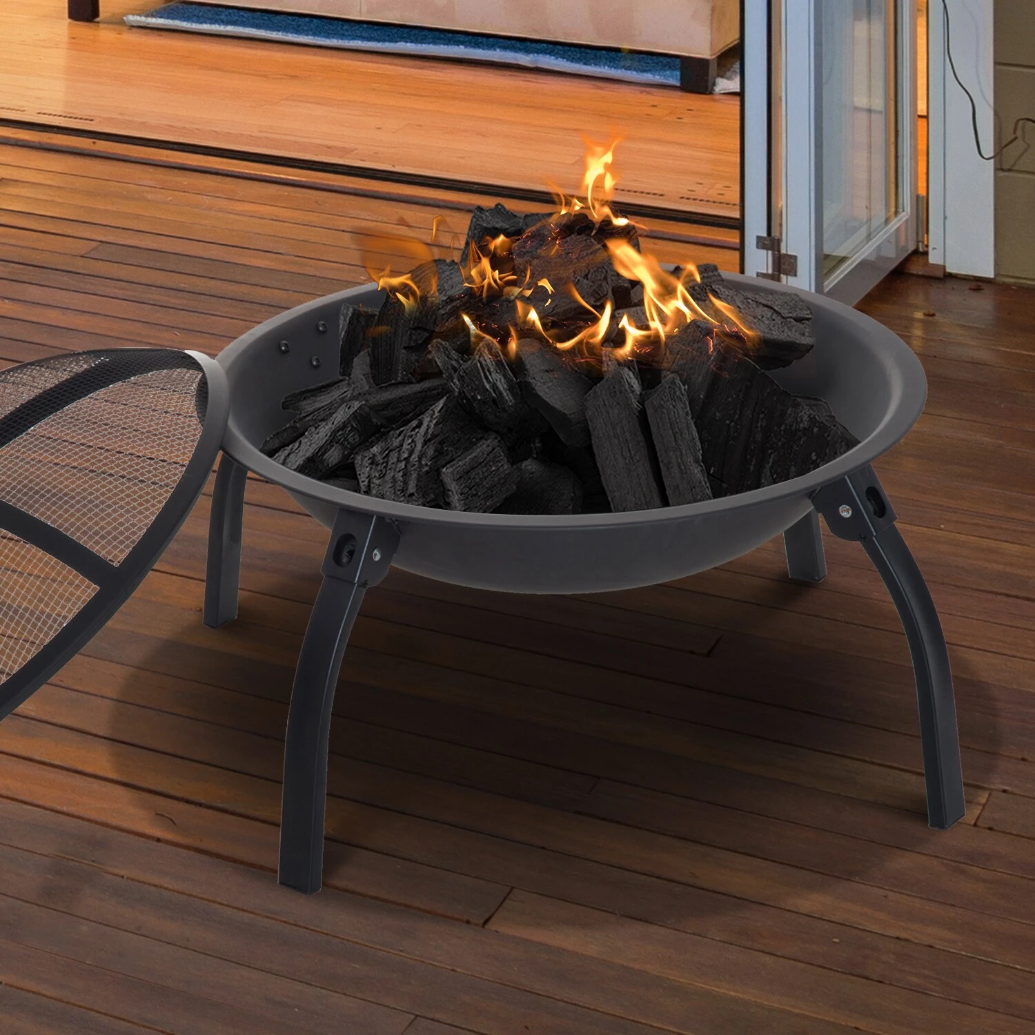 Outsunny Feuerschale Mit Funkenschutz Schwarz 70,5 X 70,5 X 40 Cm (LxBxH) | Terassenofen Feuerkorb Feuerstelle Holzkohlegrill 4 Outsunny Feuerschale Mit Funkenschutz Schwarz 70,5 X 70,5 X 40 Cm (LxBxH) | Terassenofen Feuerkorb Feuerstelle Holzkohlegrill – Bild 4