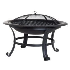 Outsunny Feuerkorb Mit Funkenschutz Schwarz 74 X 48 Cm (ØxH) | Feuerschale Grillrost Feuerstelle Holzkohlegrill