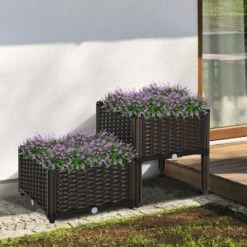 Outsunny 2-teiliges Hochbeet In Rattan-Optik Dunkelbraun | Kräuterbeet Pflanzkasten Blumenkasten Gartenbeet -Al-ko-Shop 8600336600 845 290V01 prod 004