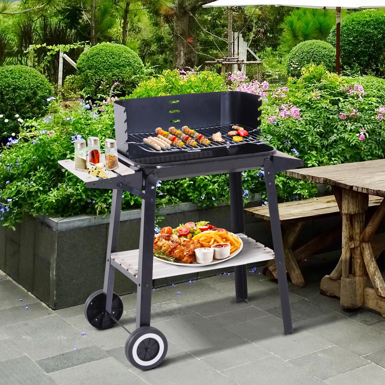 Outsunny Grillwagen Mit Windschutz Schwarz 87 X 45 X 83 Cm (LxBxH) | Kohlegrill BBQ Standgrill Holzkohlegrill Gartengrill 3 Outsunny Grillwagen Mit Windschutz Schwarz 87 X 45 X 83 Cm (LxBxH) | Kohlegrill BBQ Standgrill Holzkohlegrill Gartengrill – Bild 3