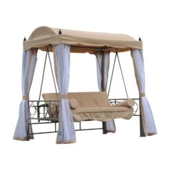 Outsunny Hollywoodschaukel Mit Liegefunktion Beige, Weiß 206 X 119 X 207 Cm (LxBxH) | Gartenschaukel Schaukelbank Mit Sonnendach 3-Sitzer