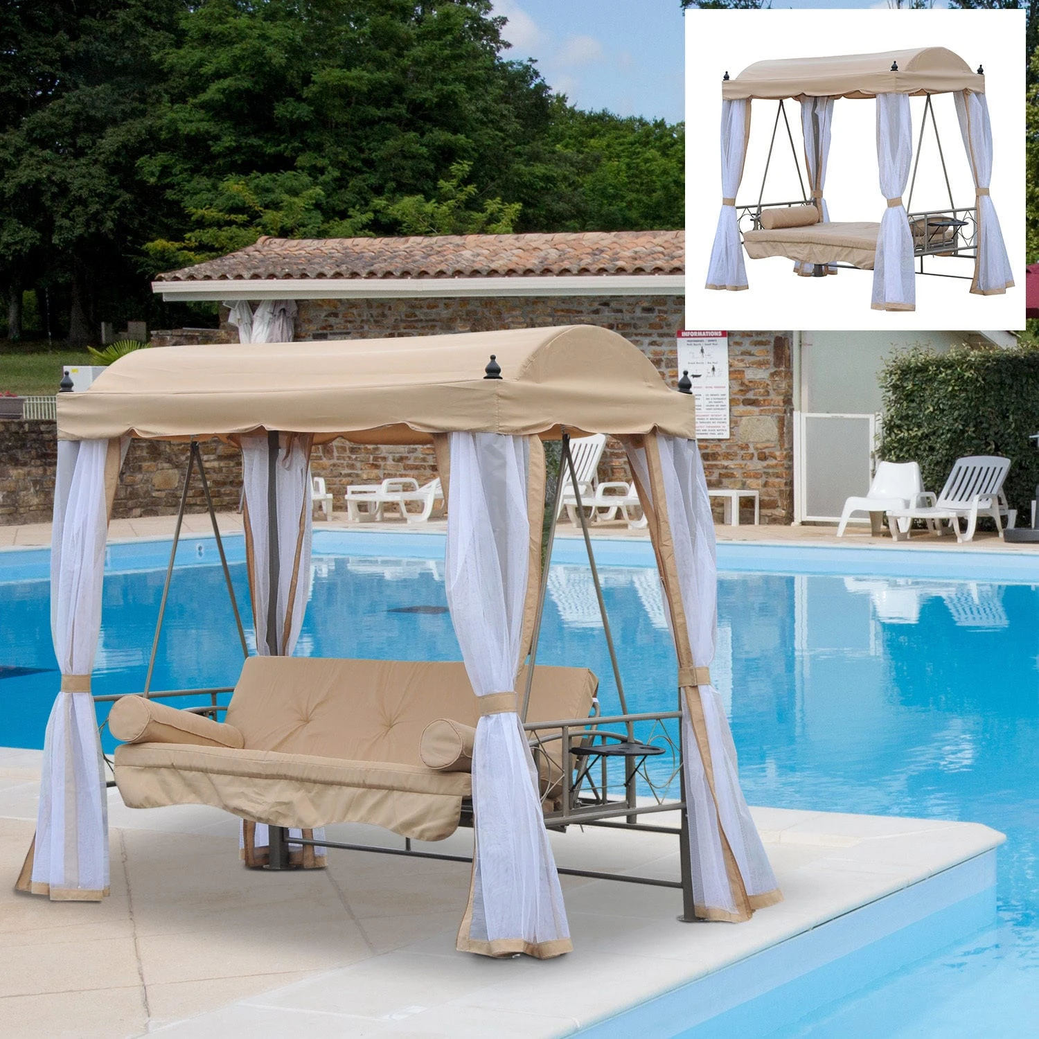 Outsunny Hollywoodschaukel Mit Liegefunktion Beige, Weiß 206 X 119 X 207 Cm (LxBxH) | Gartenschaukel Schaukelbank Mit Sonnendach 3-Sitzer 3 Outsunny Hollywoodschaukel Mit Liegefunktion Beige, Weiß 206 X 119 X 207 Cm (LxBxH) | Gartenschaukel Schaukelbank Mit Sonnendach 3-Sitzer – Bild 3