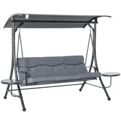 Outsunny 3-Sitzer Hollywoodschaukel Mit Verstellbarem Sonnendach Grau, Schwarz 278 X 125 X 177 Cm (BxTxH) | Metallschaukel Schaukelbank 3-Sitzer Gartenschaukel
