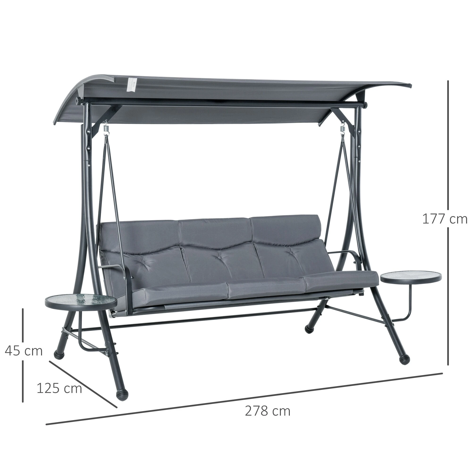 Outsunny 3-Sitzer Hollywoodschaukel Mit Verstellbarem Sonnendach Grau, Schwarz 278 X 125 X 177 Cm (BxTxH) | Metallschaukel Schaukelbank 3-Sitzer Gartenschaukel 5 Outsunny 3-Sitzer Hollywoodschaukel Mit Verstellbarem Sonnendach Grau, Schwarz 278 X 125 X 177 Cm (BxTxH) | Metallschaukel Schaukelbank 3-Sitzer Gartenschaukel – Bild 5