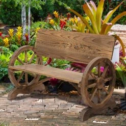 Outsunny Gartenbank Im Wagenrad-Design Dunkelbraun 114 X 58 X 80 Cm (BxTxH) | Sitzbank Holzbank Mit Armlehne Gartenmöbel -Al-ko-Shop 8600336600 84B 408 prod 003