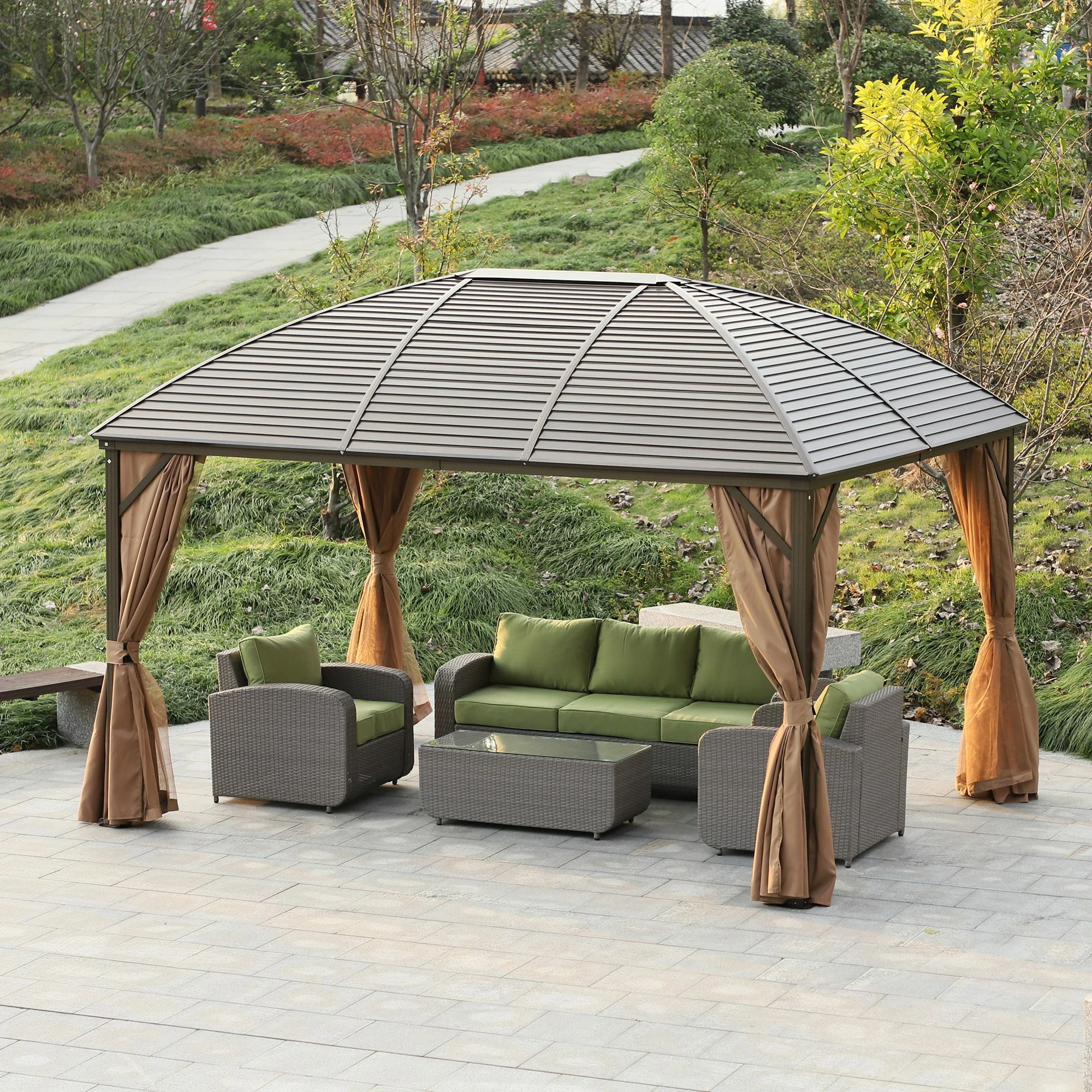 Outsunny Gartenpavillon Mit 2 Laternenhaken Bronze, Braun 398 X 298 X 280 Cm (LxBxH) | Partyzelt Festzelt Mit 4 Doppel-Seitenteilen 3 Outsunny Gartenpavillon Mit 2 Laternenhaken Bronze, Braun 398 X 298 X 280 Cm (LxBxH) | Partyzelt Festzelt Mit 4 Doppel-Seitenteilen – Bild 3