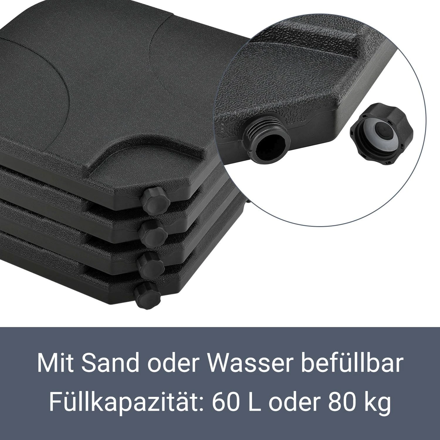 Juskys Schirmgewicht 4er-Set Quad Für Schirmständer Mit 60 Liter Wasser Oder 80 Kg Sand Befüllbar 4 Juskys Schirmgewicht 4er-Set Quad Für Schirmständer Mit 60 Liter Wasser Oder 80 Kg Sand Befüllbar – Bild 4
