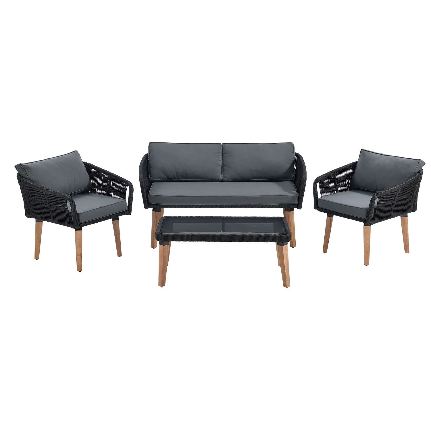 Juskys Seilgeflecht Gartenmöbel Set Neapel - Lounge 4 Personen Schwarz - Sofa, Tisch & Stühle - Bezüge Grau 1 Juskys Seilgeflecht Gartenmöbel Set Neapel - Lounge 4 Personen Schwarz - Sofa, Tisch & Stühle - Bezüge Grau