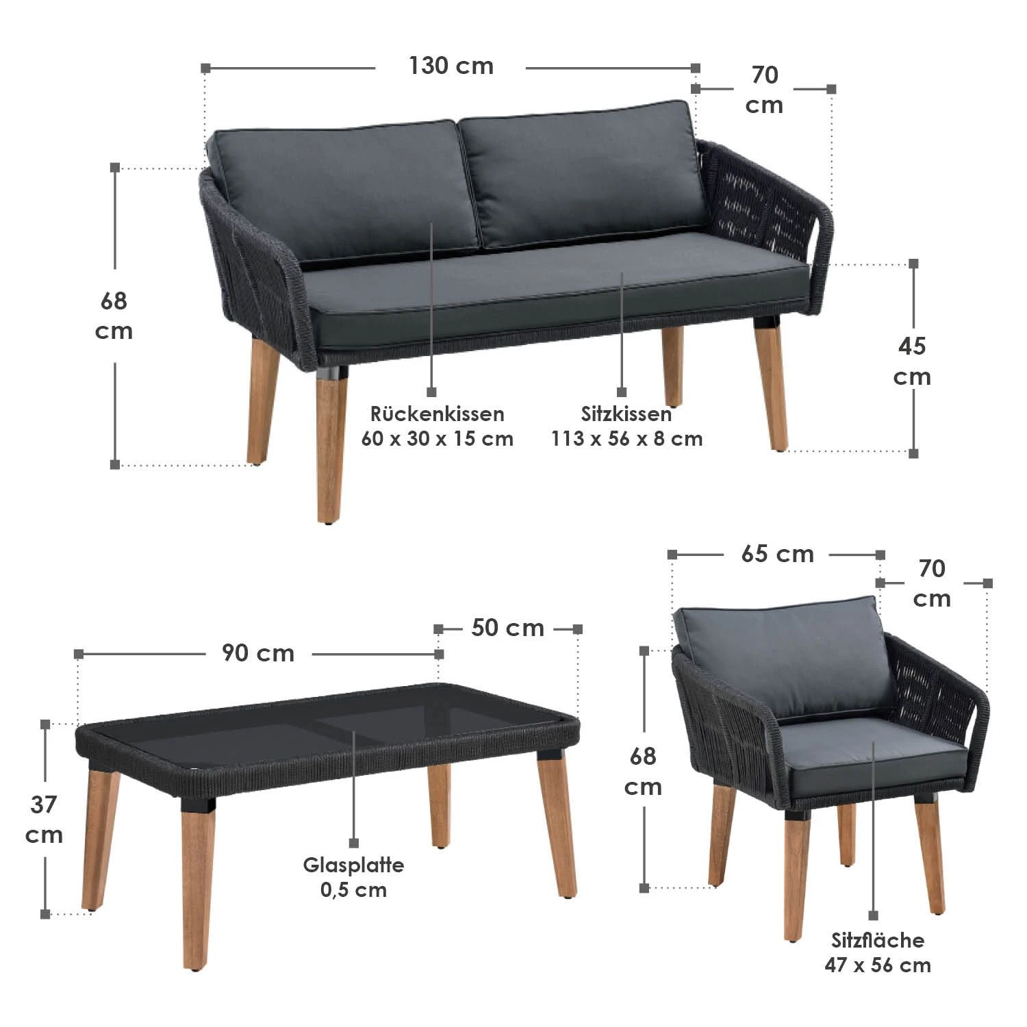 Juskys Seilgeflecht Gartenmöbel Set Neapel - Lounge 4 Personen Schwarz - Sofa, Tisch & Stühle - Bezüge Grau 2 Juskys Seilgeflecht Gartenmöbel Set Neapel - Lounge 4 Personen Schwarz - Sofa, Tisch & Stühle - Bezüge Grau – Bild 2