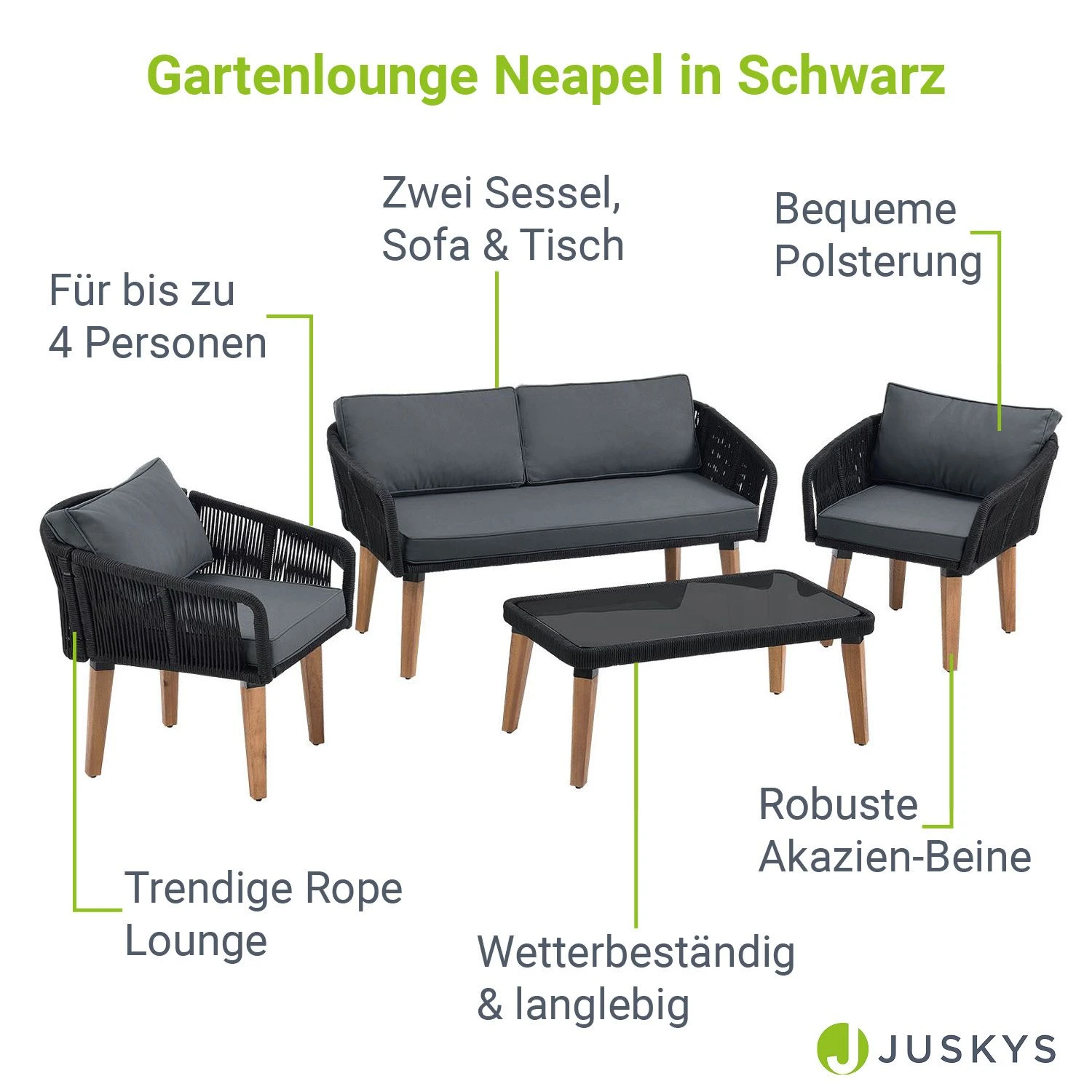 Juskys Seilgeflecht Gartenmöbel Set Neapel - Lounge 4 Personen Schwarz - Sofa, Tisch & Stühle - Bezüge Grau 3 Juskys Seilgeflecht Gartenmöbel Set Neapel - Lounge 4 Personen Schwarz - Sofa, Tisch & Stühle - Bezüge Grau – Bild 3