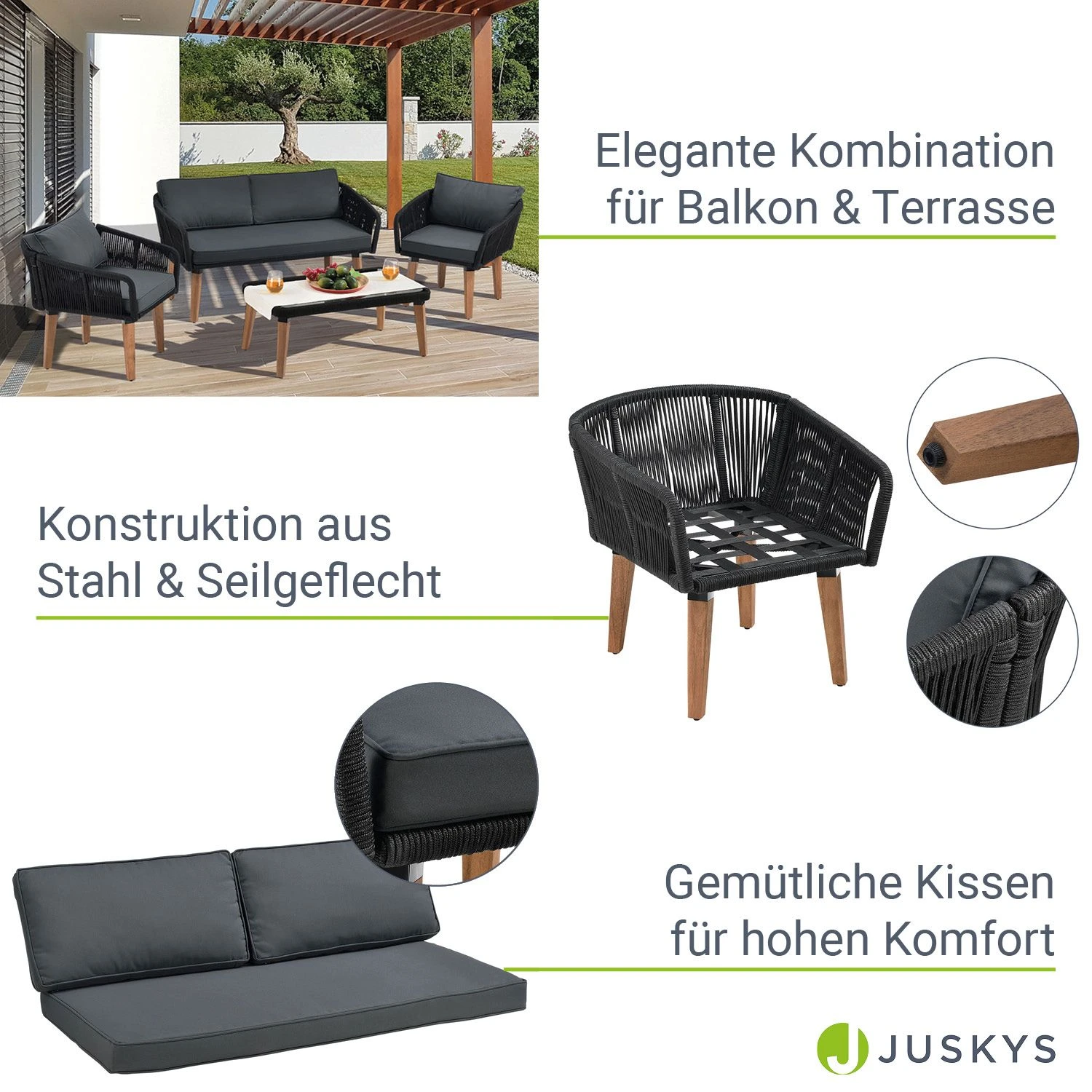 Juskys Seilgeflecht Gartenmöbel Set Neapel - Lounge 4 Personen Schwarz - Sofa, Tisch & Stühle - Bezüge Grau 4 Juskys Seilgeflecht Gartenmöbel Set Neapel - Lounge 4 Personen Schwarz - Sofa, Tisch & Stühle - Bezüge Grau – Bild 4