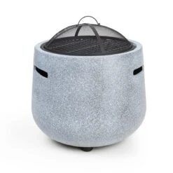 Evora Feuerschale Ø45cm Holzfeuer Grillrost Kunststein Stahl Schwarz / Steinoptik