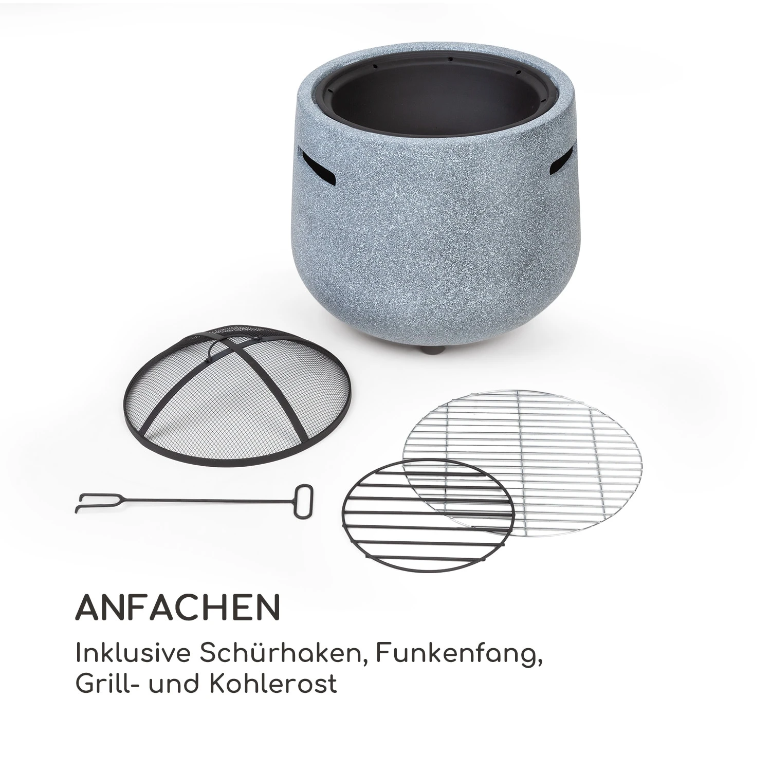 Evora Feuerschale Ø45cm Holzfeuer Grillrost Kunststein Stahl Schwarz / Steinoptik – Bild 3