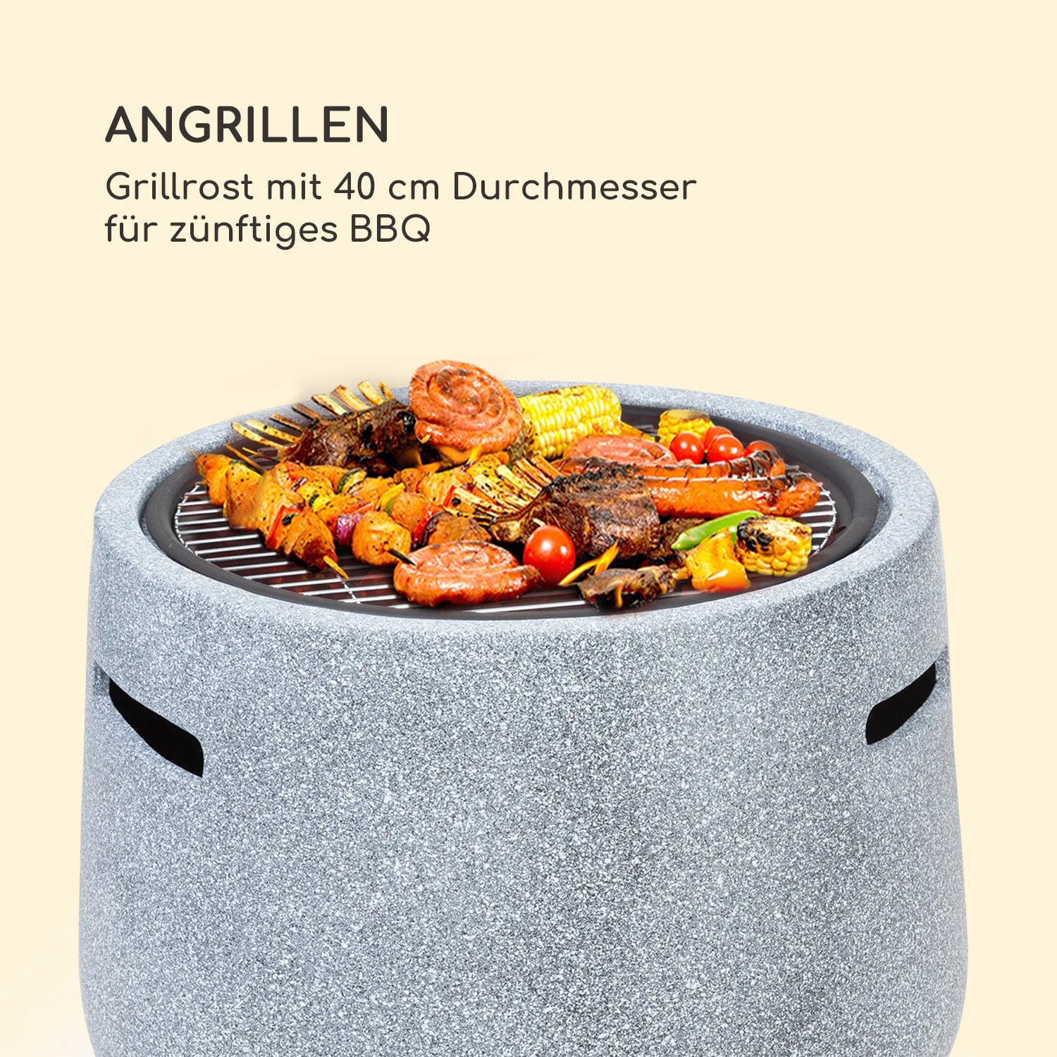 Evora Feuerschale Ø45cm Holzfeuer Grillrost Kunststein Stahl Schwarz / Steinoptik – Bild 5