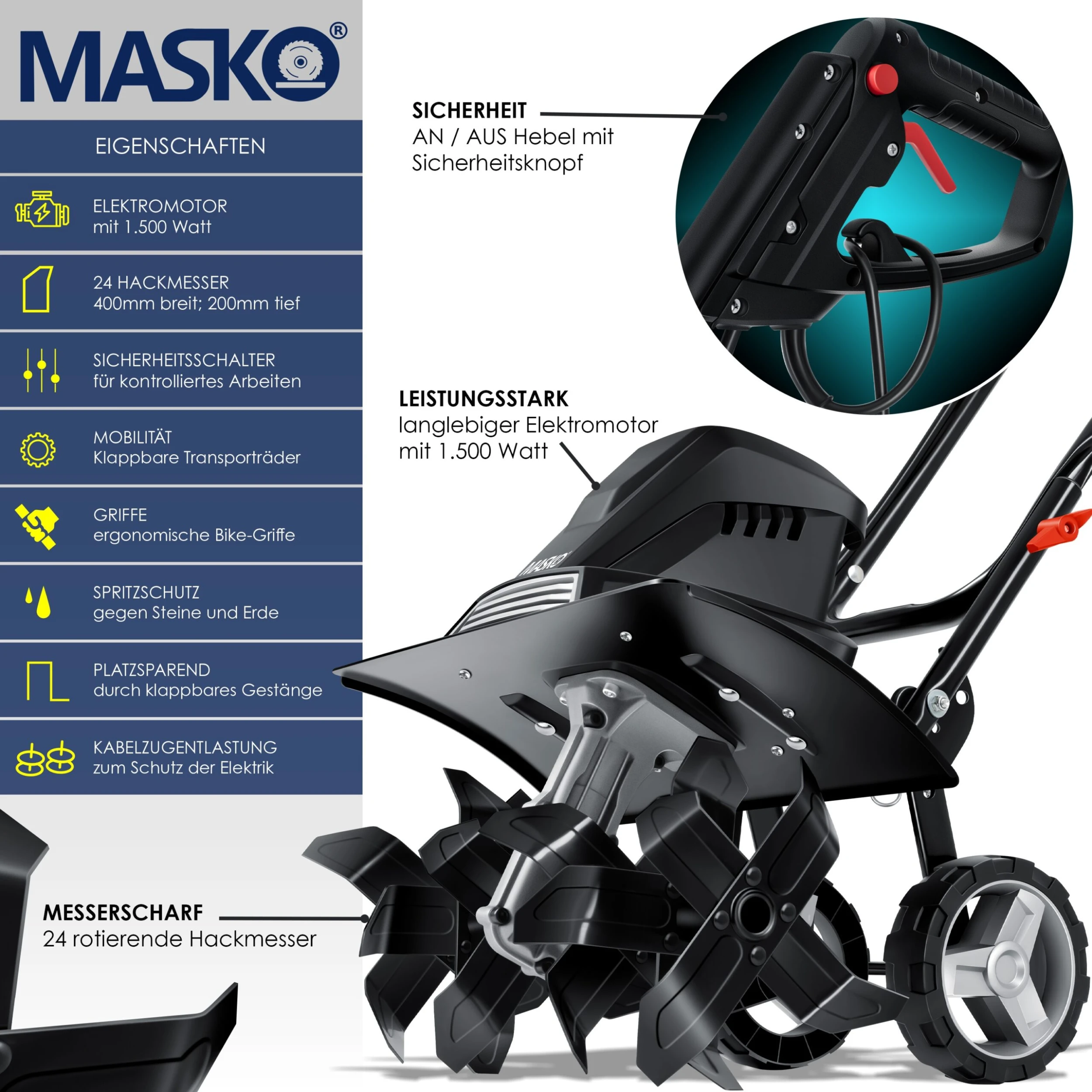 MASKO® Elektrische Motorhacke 1500 Watt | 40cm Arbeitsbreite 20cm Arbeitstiefe | Bodenhacke | Ackerfräse Kultivator Gartenfräse | Elektro Hacke | Klappbarer Handgriff | Metallgehäuse | Transporträder – Bild 2