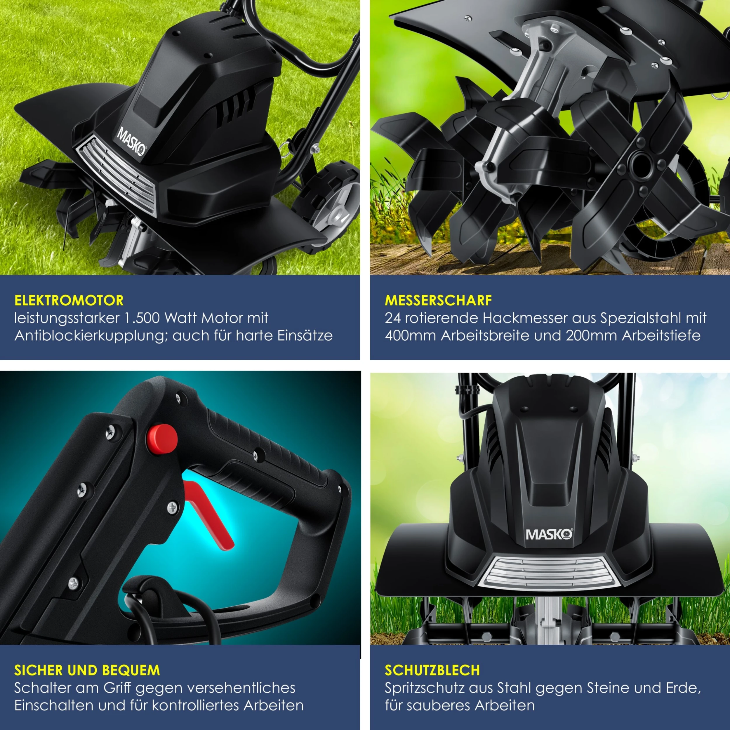 MASKO® Elektrische Motorhacke 1500 Watt | 40cm Arbeitsbreite 20cm Arbeitstiefe | Bodenhacke | Ackerfräse Kultivator Gartenfräse | Elektro Hacke | Klappbarer Handgriff | Metallgehäuse | Transporträder – Bild 3