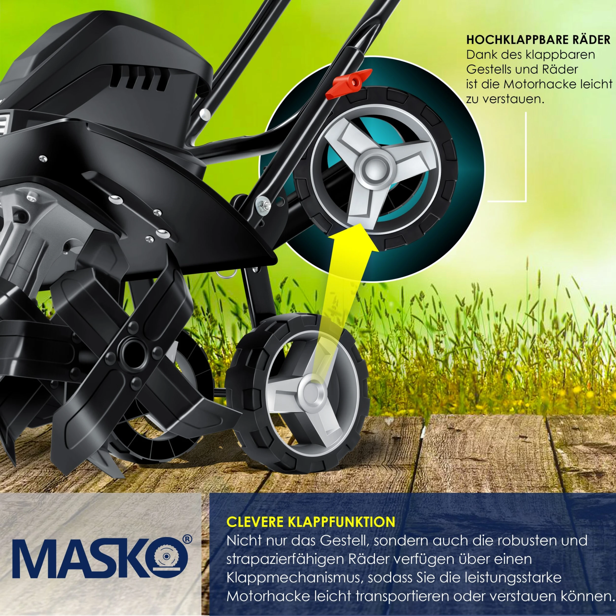 MASKO® Elektrische Motorhacke 1500 Watt | 40cm Arbeitsbreite 20cm Arbeitstiefe | Bodenhacke | Ackerfräse Kultivator Gartenfräse | Elektro Hacke | Klappbarer Handgriff | Metallgehäuse | Transporträder – Bild 5