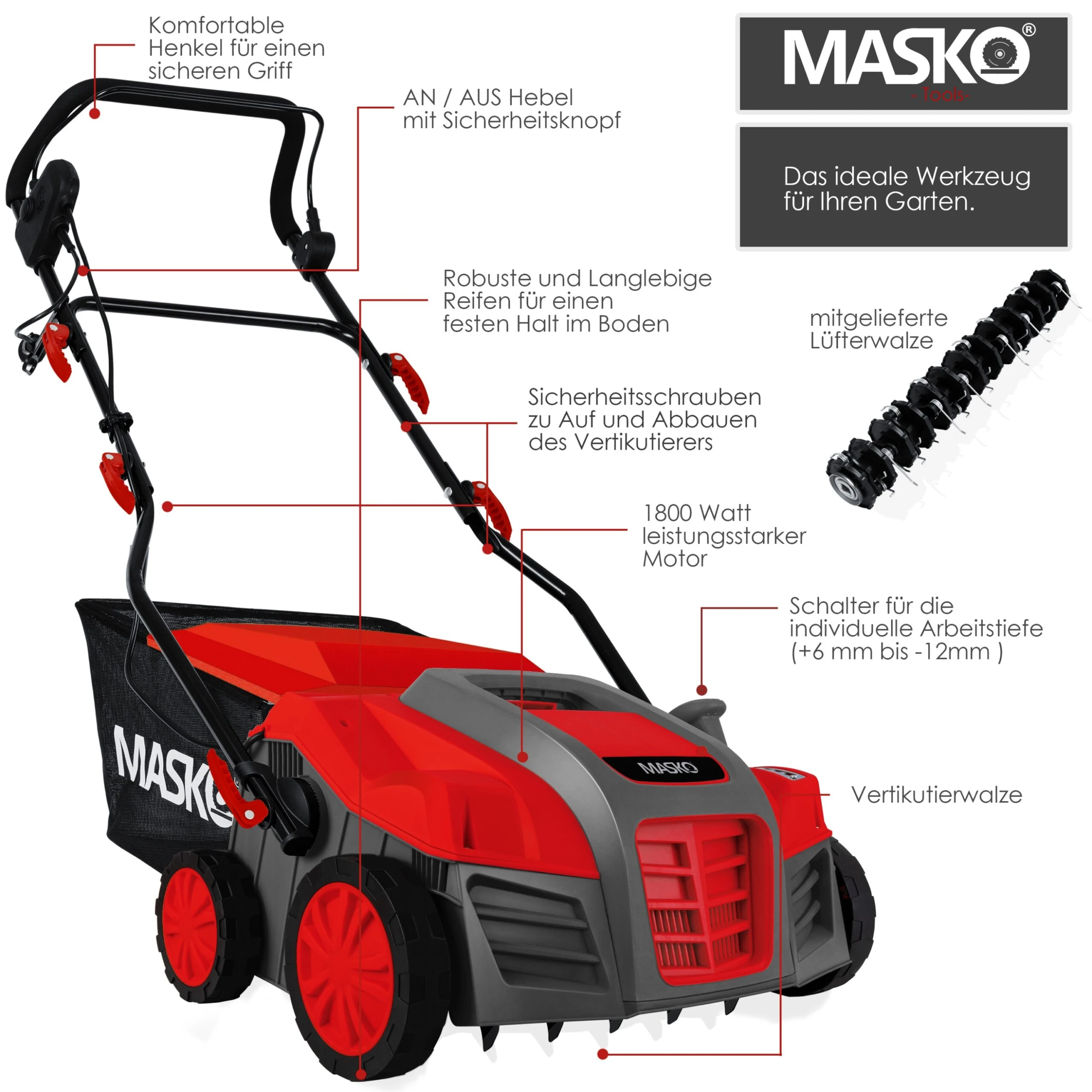 MASKO® - Elektro 2in1 Vertikutierer Rasenlüfter 1800 Watt 40cm Arbeitsbreite 55L Fangkorb Inkl. Lüfterwalze Lüfter Moosentferner, 5-stufige Arbeitstiefe Einstellbar , Höhenverstellbarer Holm 2 MASKO® - Elektro 2in1 Vertikutierer Rasenlüfter 1800 Watt 40cm Arbeitsbreite 55L Fangkorb Inkl. Lüfterwalze Lüfter Moosentferner, 5-stufige Arbeitstiefe Einstellbar , Höhenverstellbarer Holm – Bild 2