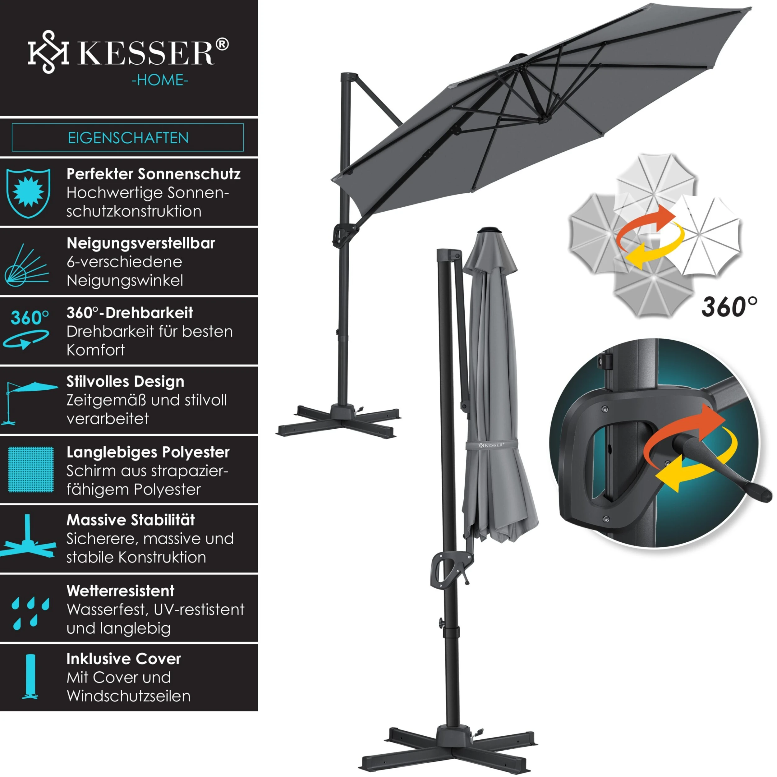 KESSER® Sonnenschirm Ampelschirm SUN Rund XL Ø330 Cm Inkl. Abdeckung + Windsicherung 7-Fach Verstellbar Drehbar Neigbar Kippbar Groß 360° Drehbar Gartenschirm Mit Kurbel Sonnenschutz UV50+ 2 KESSER® Sonnenschirm Ampelschirm SUN Rund XL Ø330 Cm Inkl. Abdeckung + Windsicherung 7-Fach Verstellbar Drehbar Neigbar Kippbar Groß 360° Drehbar Gartenschirm Mit Kurbel Sonnenschutz UV50+ – Bild 2