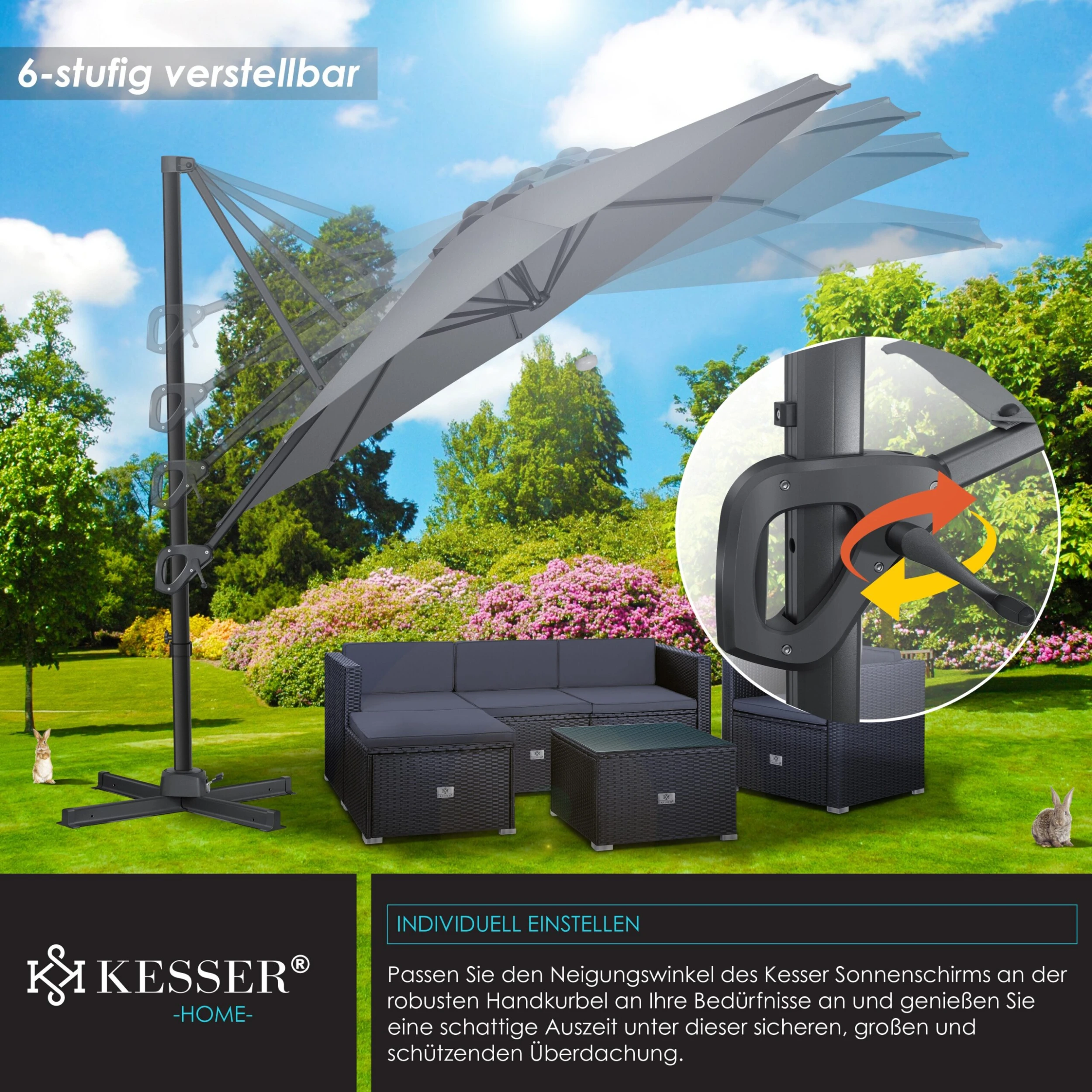 KESSER® Sonnenschirm Ampelschirm SUN Rund XL Ø330 Cm Inkl. Abdeckung + Windsicherung 7-Fach Verstellbar Drehbar Neigbar Kippbar Groß 360° Drehbar Gartenschirm Mit Kurbel Sonnenschutz UV50+ 5 KESSER® Sonnenschirm Ampelschirm SUN Rund XL Ø330 Cm Inkl. Abdeckung + Windsicherung 7-Fach Verstellbar Drehbar Neigbar Kippbar Groß 360° Drehbar Gartenschirm Mit Kurbel Sonnenschutz UV50+ – Bild 5